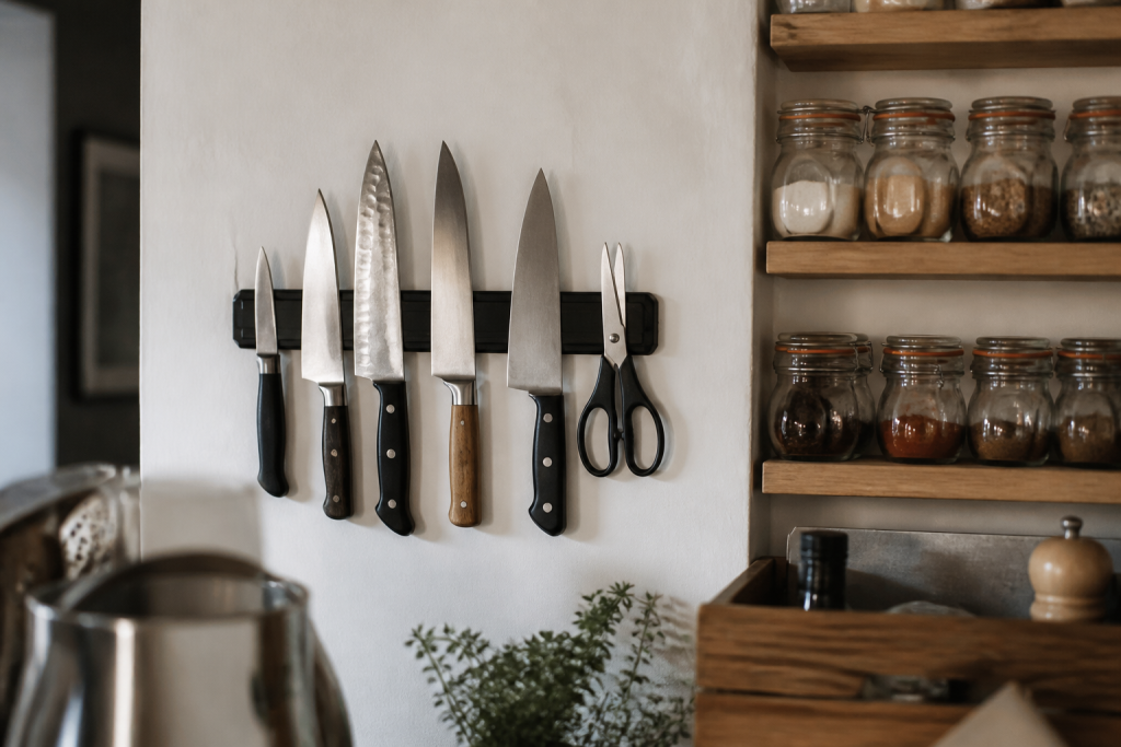Couteaux magnetiques et epices sur mur cuisine