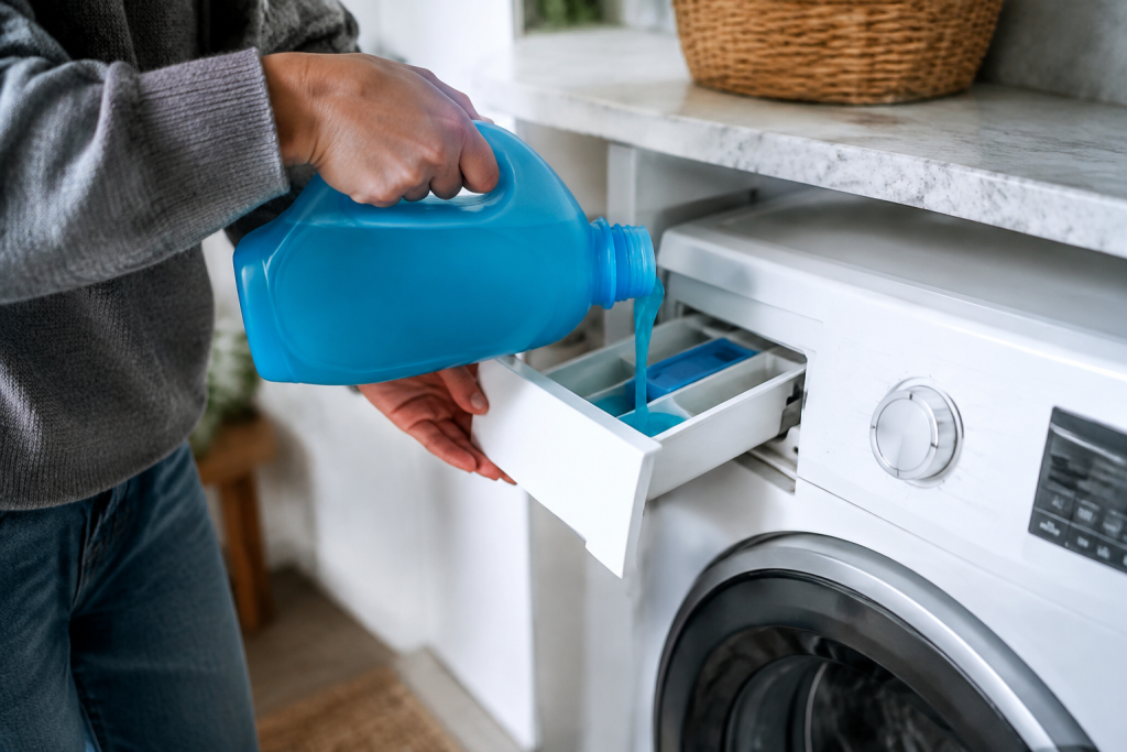 Personne versant detergent bleu dans compartiment dosage