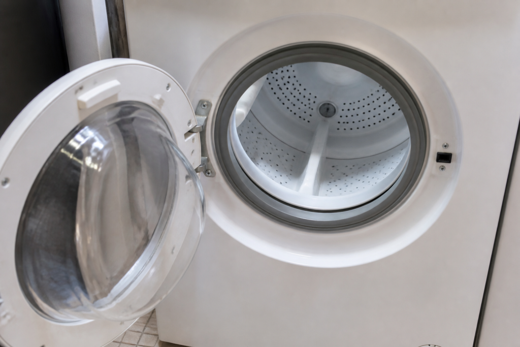 Machine a laver avec hublot ouvert et tambour blanc