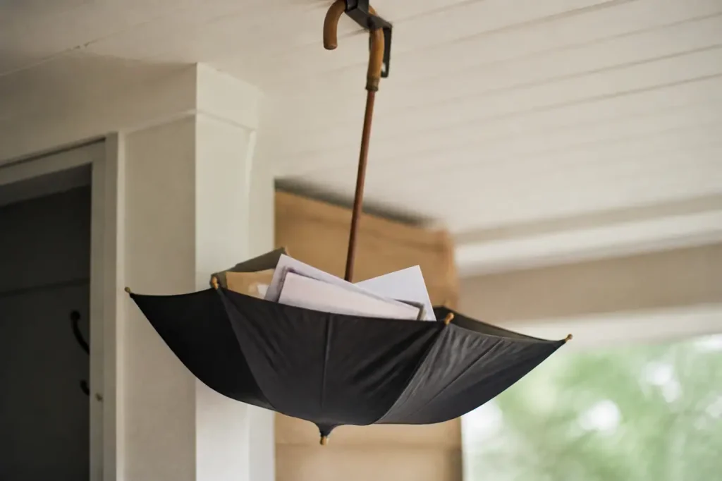 Parapluie ouvert suspendu au plafond servant de porte-lettres