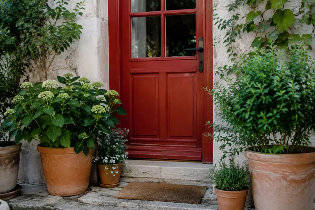 Porte rouge ornee de plantes vertes en pots