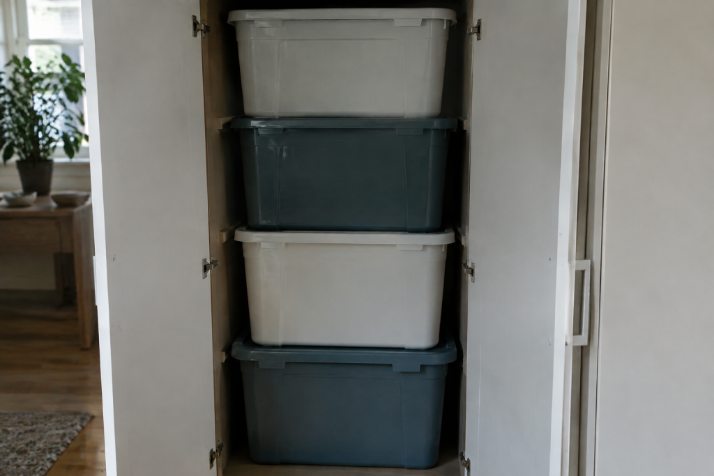Portes armoires ouvertes montrant conteneurs empiles verticalement espace compact