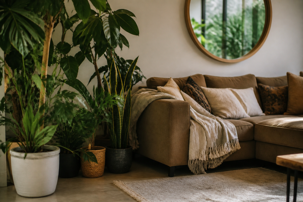 Pots plantes groupes coin salon miroir coussins