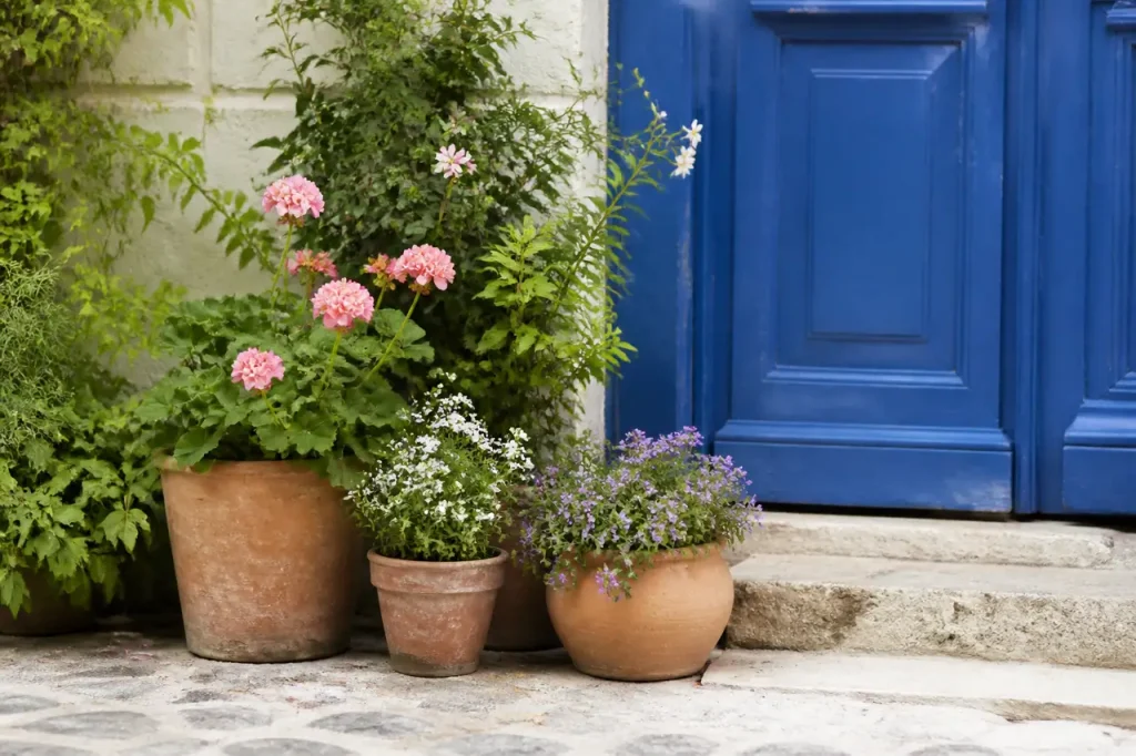 Pots en terre cuite fleuris devant une porte bleue